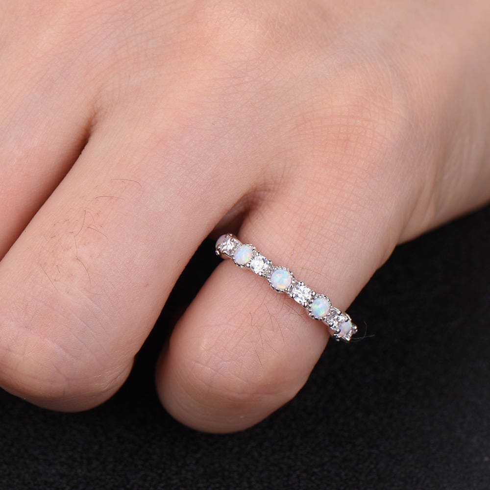 Opal Wedding Band Opal Ring White Gold Plated Sterling Silver CZ Diamond Enternity Band Anniversary Ring Matching Band