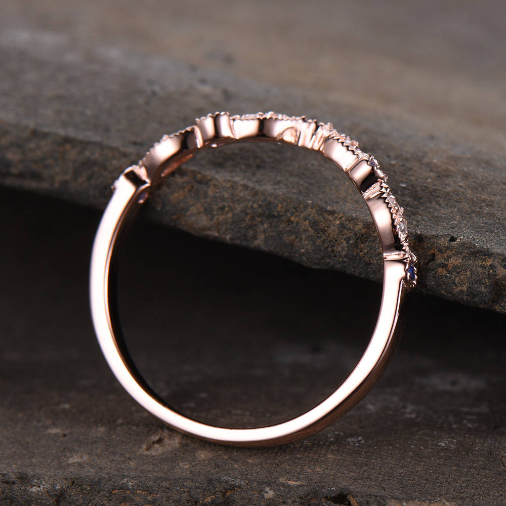 Curve Wedding Ring Art Deco Wedding Band Blue Sappire Band CZ V Ring Stacking Matching Band Silver Rose Gold Plated Milgrain Marquise Ring