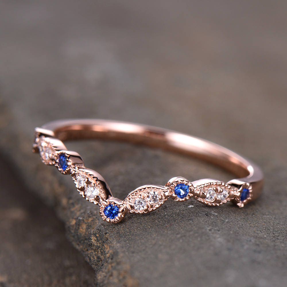 Curve Wedding Ring Art Deco Wedding Band Blue Sappire Band CZ V Ring Stacking Matching Band Silver Rose Gold Plated Milgrain Marquise Ring