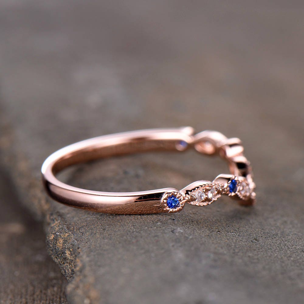 Curve Wedding Ring Art Deco Wedding Band Blue Sappire Band CZ V Ring Stacking Matching Band Silver Rose Gold Plated Milgrain Marquise Ring