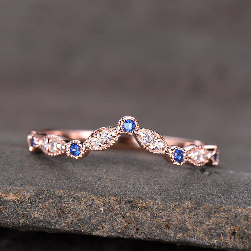 Curve Wedding Ring Art Deco Wedding Band Blue Sappire Band CZ V Ring Stacking Matching Band Silver Rose Gold Plated Milgrain Marquise Ring