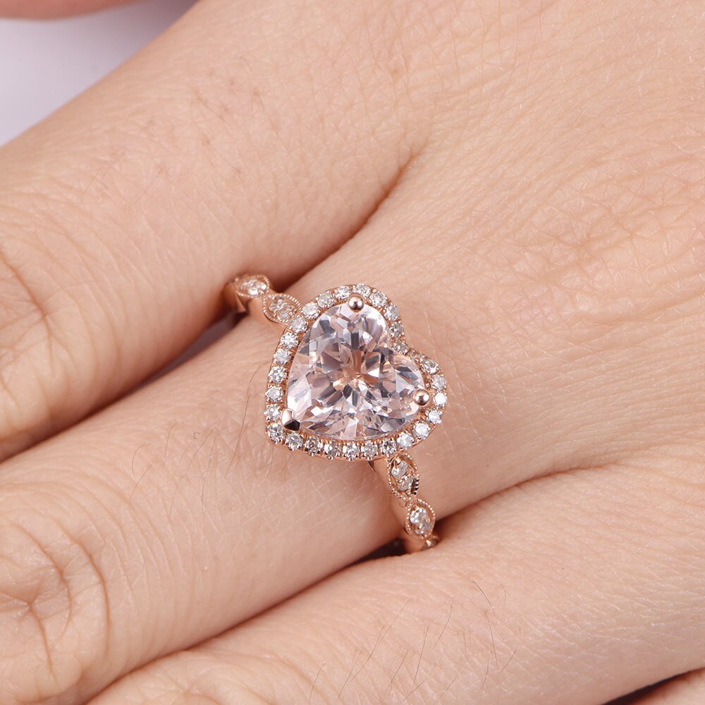 Morganite engagement ring 8mm heart pink morganite ring art deco diamond wedding band halo ring solid 14k rose gold bridal ring for women