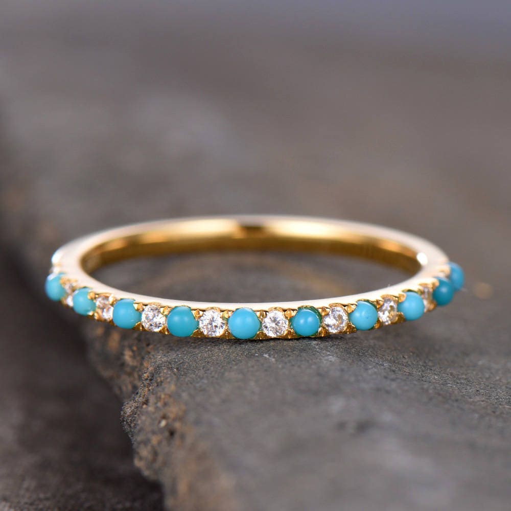 Turquoise Wedding Band Turquoise with CZ Diamonds Ring Thin Eternity Band Yellow Gold Plated Sterling Silver Anniversary Ring