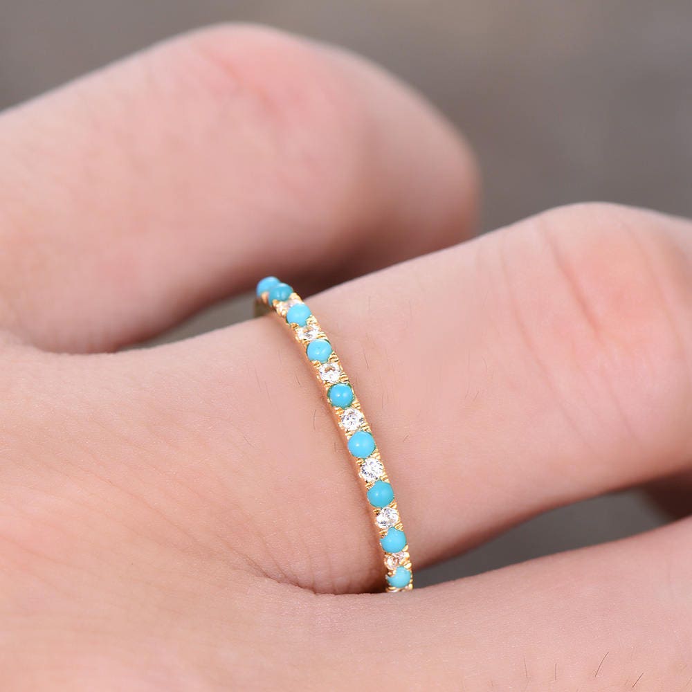 Turquoise Wedding Band Turquoise with CZ Diamonds Ring Thin Eternity Band Yellow Gold Plated Sterling Silver Anniversary Ring