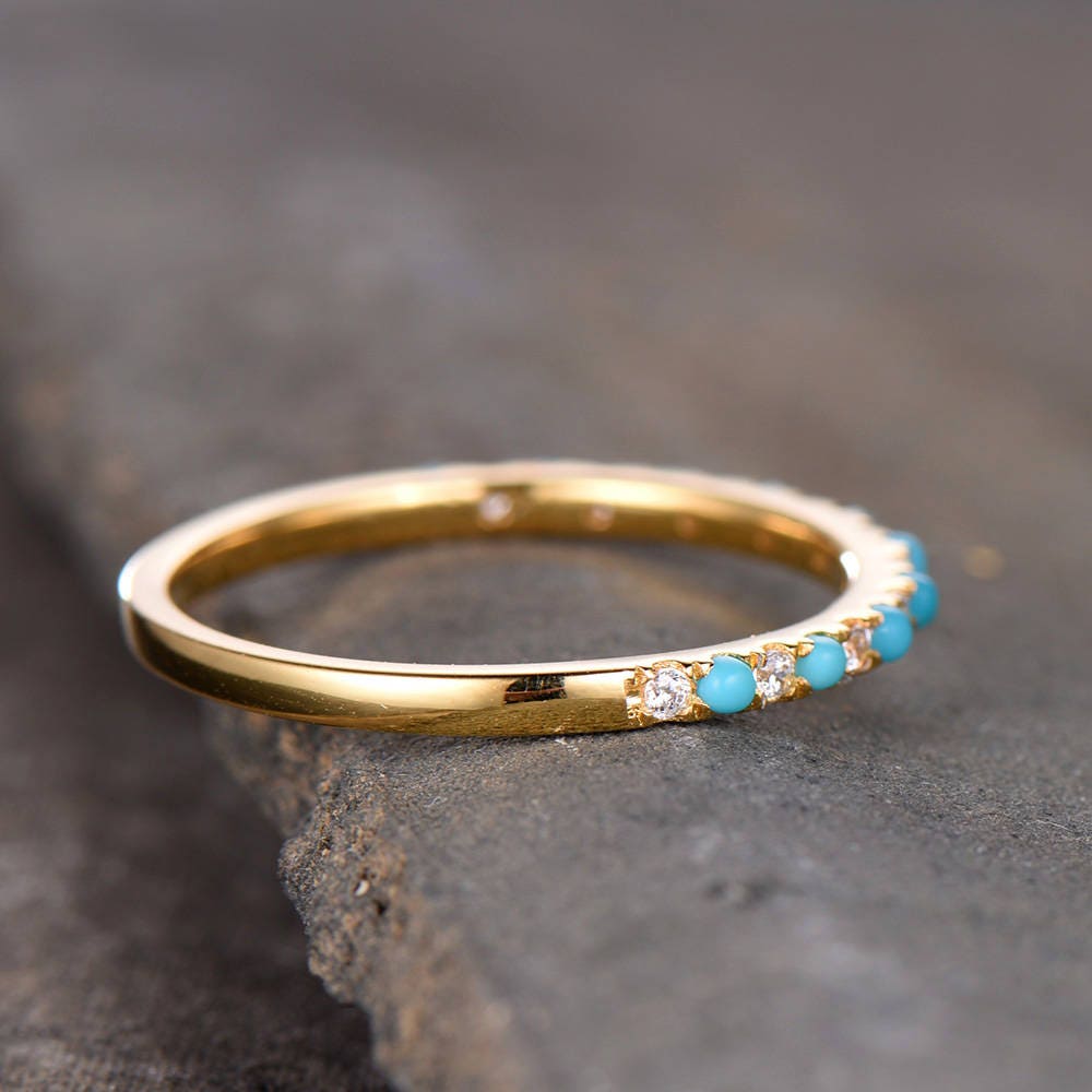 Turquoise Wedding Band Turquoise with CZ Diamonds Ring Thin Eternity Band Yellow Gold Plated Sterling Silver Anniversary Ring