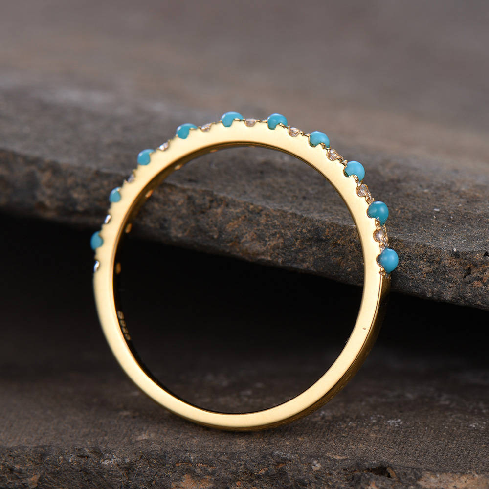 Turquoise Wedding Band Turquoise with CZ Diamonds Ring Thin Eternity Band Yellow Gold Plated Sterling Silver Anniversary Ring
