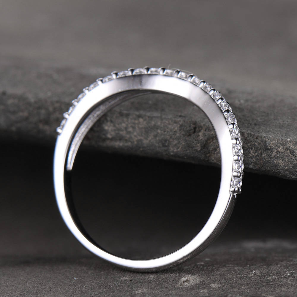 Curve Wedding Band Plain White Gold Band Unique Wedding Ring Chevron Ring CZ Man Made Diamond Eternity Band 925 Sterling Silver Ring