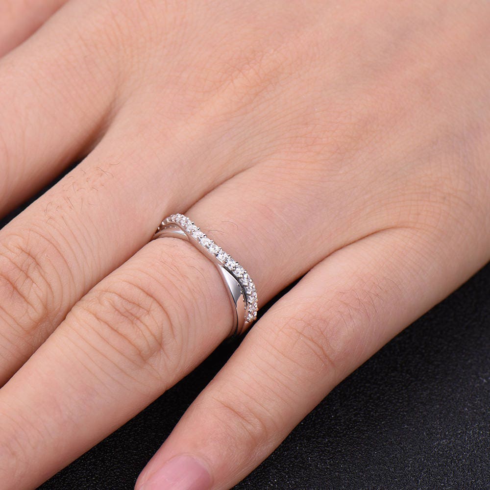 Curve Wedding Band Plain White Gold Band Unique Wedding Ring Chevron Ring CZ Man Made Diamond Eternity Band 925 Sterling Silver Ring