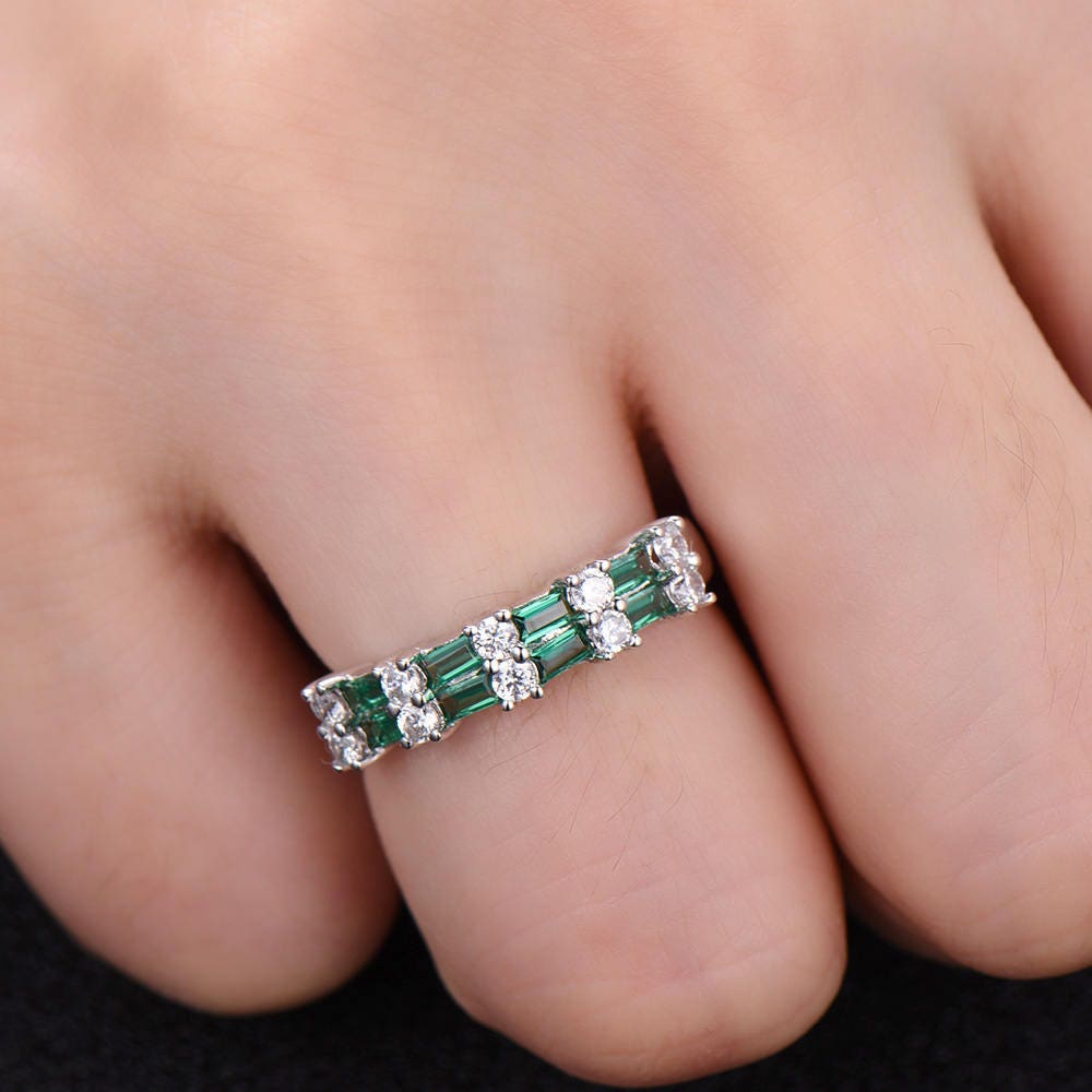 Vintage Emerald wedding band women Baguette cut Half eternity band Rose gold wedding band Unique Stacking Matching bridal promise ring