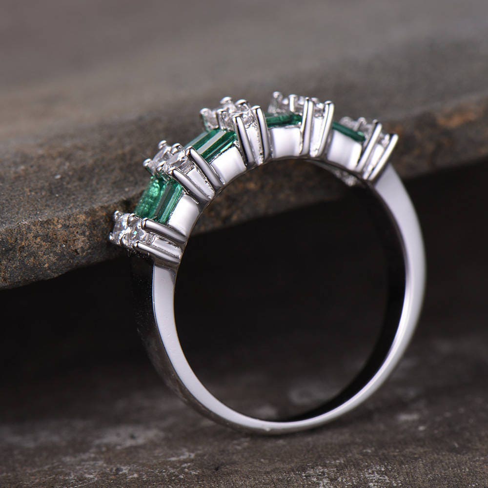 Emerald Wedding Band Stacking Ring Emerald Ring Vintage Wedding Ring Set CZ Half Eternity Anniversary Ring Silver White Gold Plated