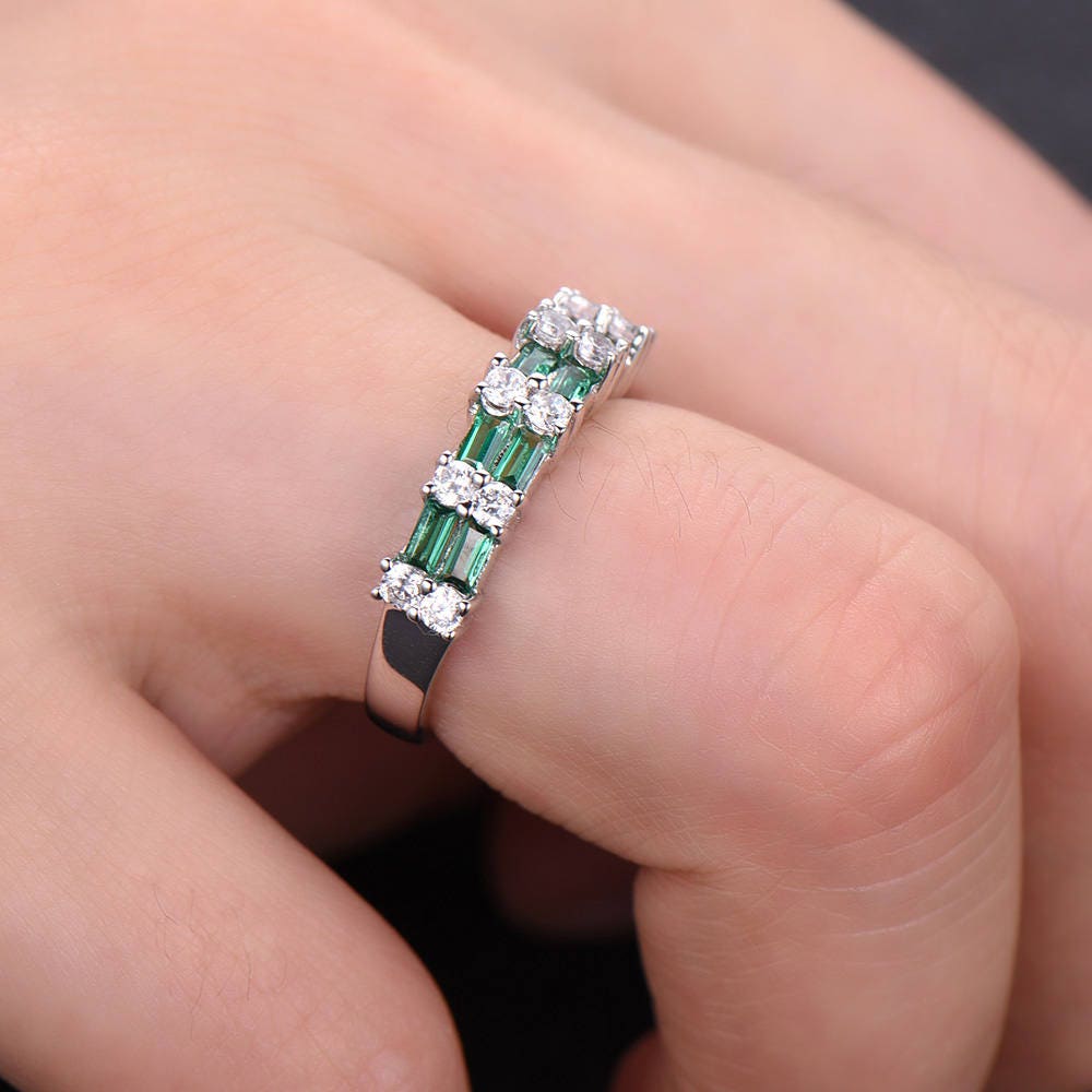 Emerald Wedding Band Stacking Ring Emerald Ring Vintage Wedding Ring Set CZ Half Eternity Anniversary Ring Silver White Gold Plated