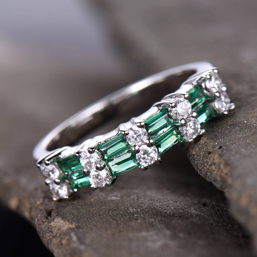 Vintage Emerald wedding band women Baguette cut Half eternity band Rose gold wedding band Unique Stacking Matching bridal promise ring