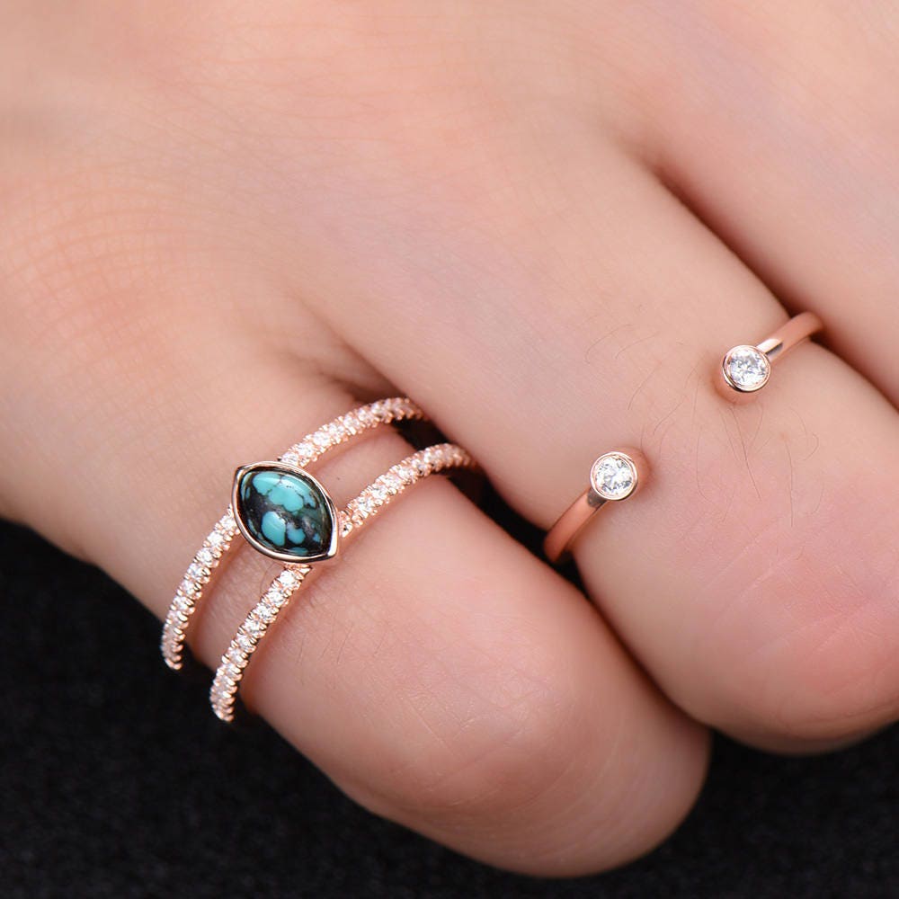 Turquoise Ring Sterling Silver Vintage Turquoise Wedding Ring Set 4x6mm Marquise December Birthstone Unique CZ Diamond Band Rose Gold Plate