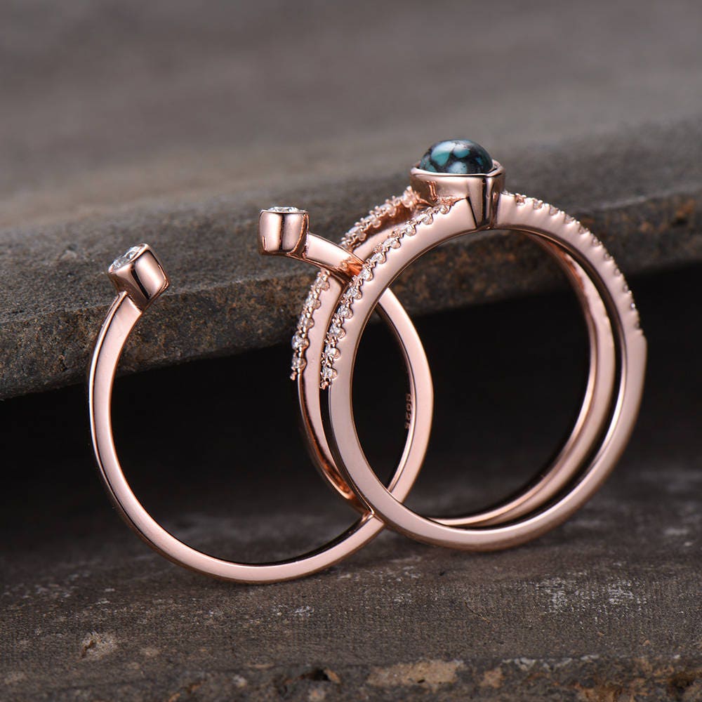 Turquoise Ring Sterling Silver Vintage Turquoise Wedding Ring Set 4x6mm Marquise December Birthstone Unique CZ Diamond Band Rose Gold Plate