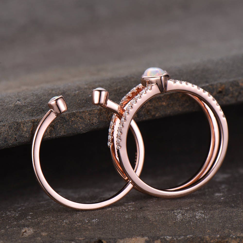 Opal Wedding Ring Set Opal Ring Split Shank Engagment Ring Rose Gold Plated Unique Opal Wedding Band Bezel Set Silver Bridal Ring Set