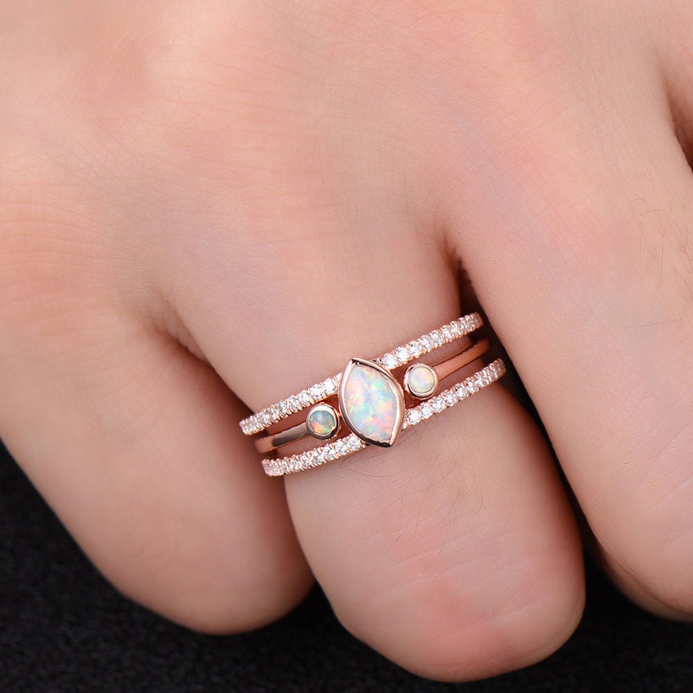 Opal Wedding Ring Set Opal Ring Split Shank Engagment Ring Rose Gold Plated Unique Opal Wedding Band Bezel Set Silver Bridal Ring Set