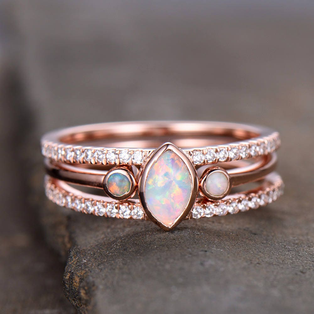 Opal Wedding Ring Set Opal Ring Split Shank Engagment Ring Rose Gold Plated Unique Opal Wedding Band Bezel Set Silver Bridal Ring Set