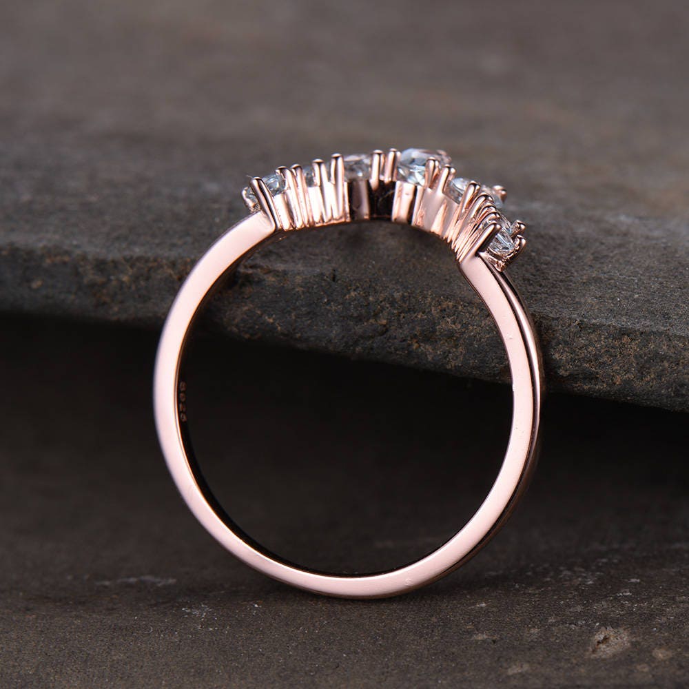 Crown Wedding Band Aquamarine Wedding Band Curve Wedding Ring Stacking Ring Chevron Ring Rose Gold Plated Sterling Silver Anniversary Ring