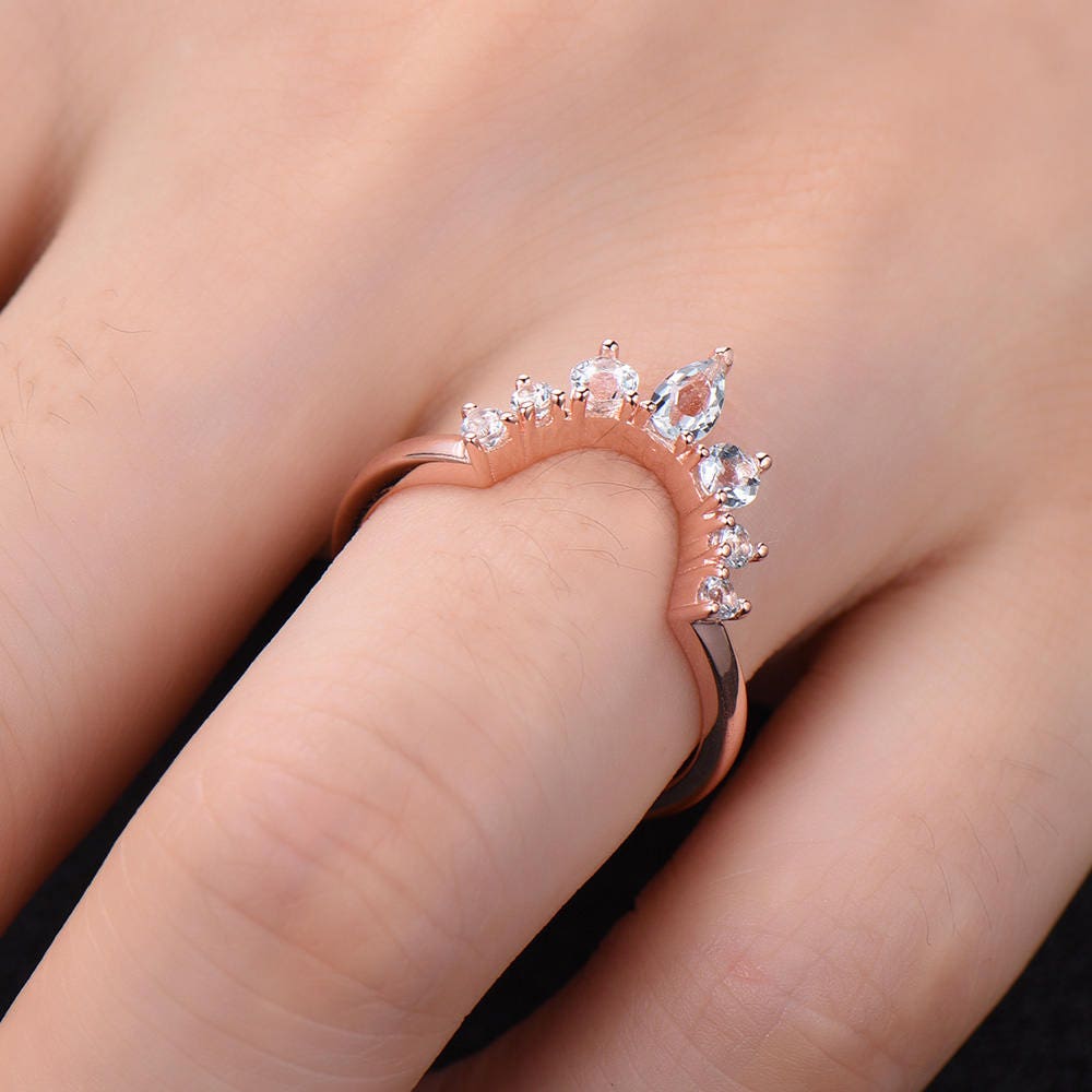 Crown Wedding Band Aquamarine Wedding Band Curve Wedding Ring Stacking Ring Chevron Ring Rose Gold Plated Sterling Silver Anniversary Ring