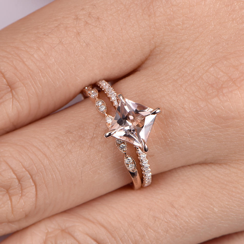 Morganite ring set princess cut morganite engagement ring 6.5mm pink gemstone art deco half eternity diamond wedding band 14k rose gold
