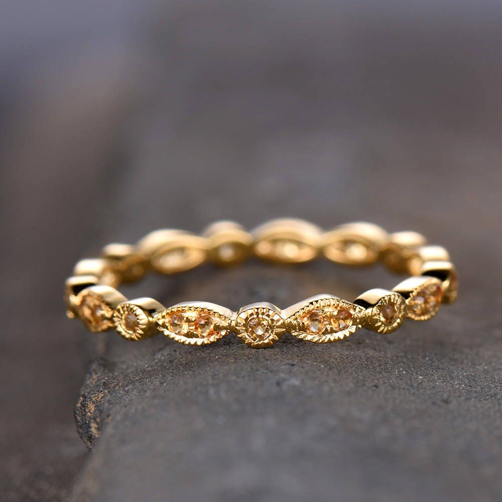 Art Deco Citrine Wredding Ring Dainty Stackable Ring Matching Band Citrine Ring Gold Plated Sterling Silver Anniversary Ring Marquise