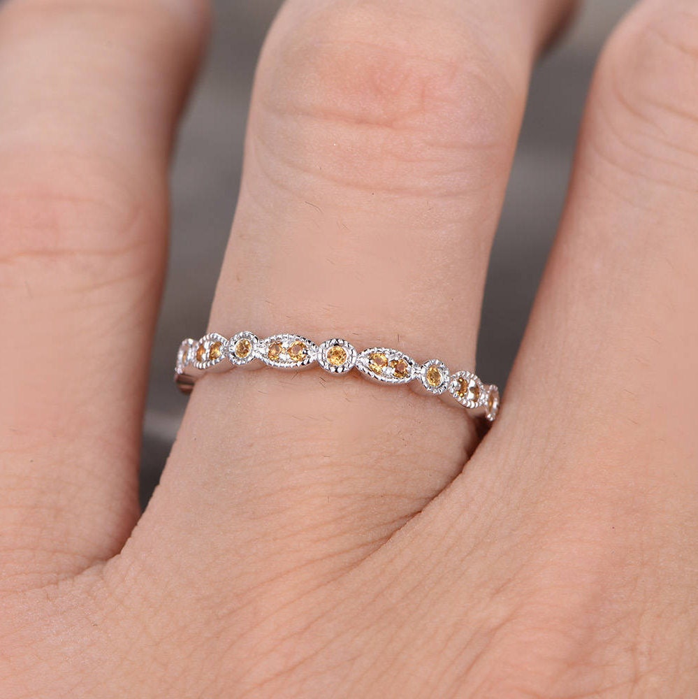 Eternity band Citrine Wedding ring Sterling silver ring for women Art Deco Style Dainty stackable ring Matching band White gold ring