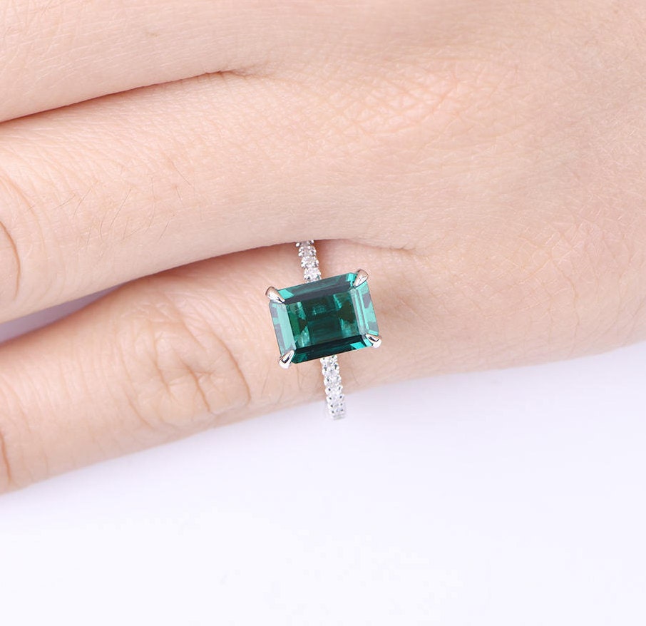 Emerald engagement ring 6x8mm emerald-cut lab created emerald ring real diamond wedding band diamond setting 14k rose gold birthstone ring