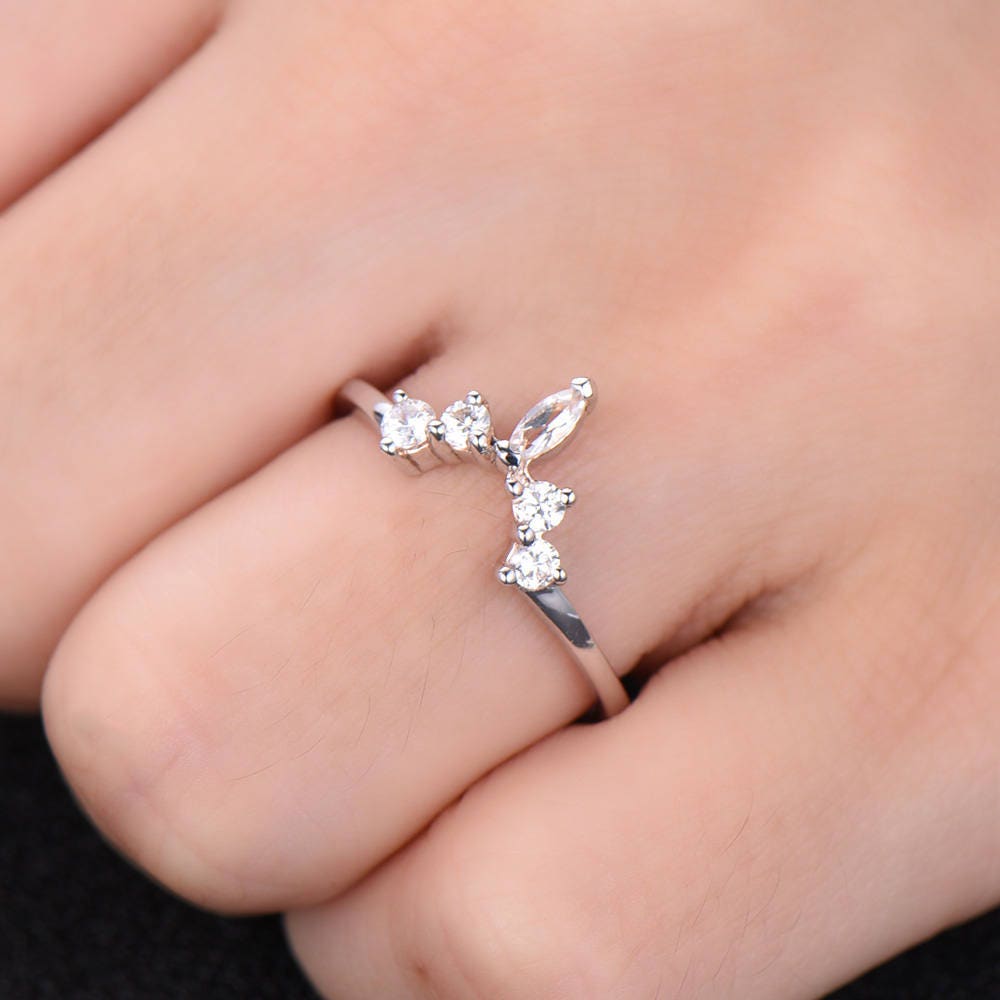 Crown Wedding Band White Topaz Wedding Band Curve Wedding Ring Stacking Ring Chevron Ring White Gold Plated Sterling Silver Anniversary Ring