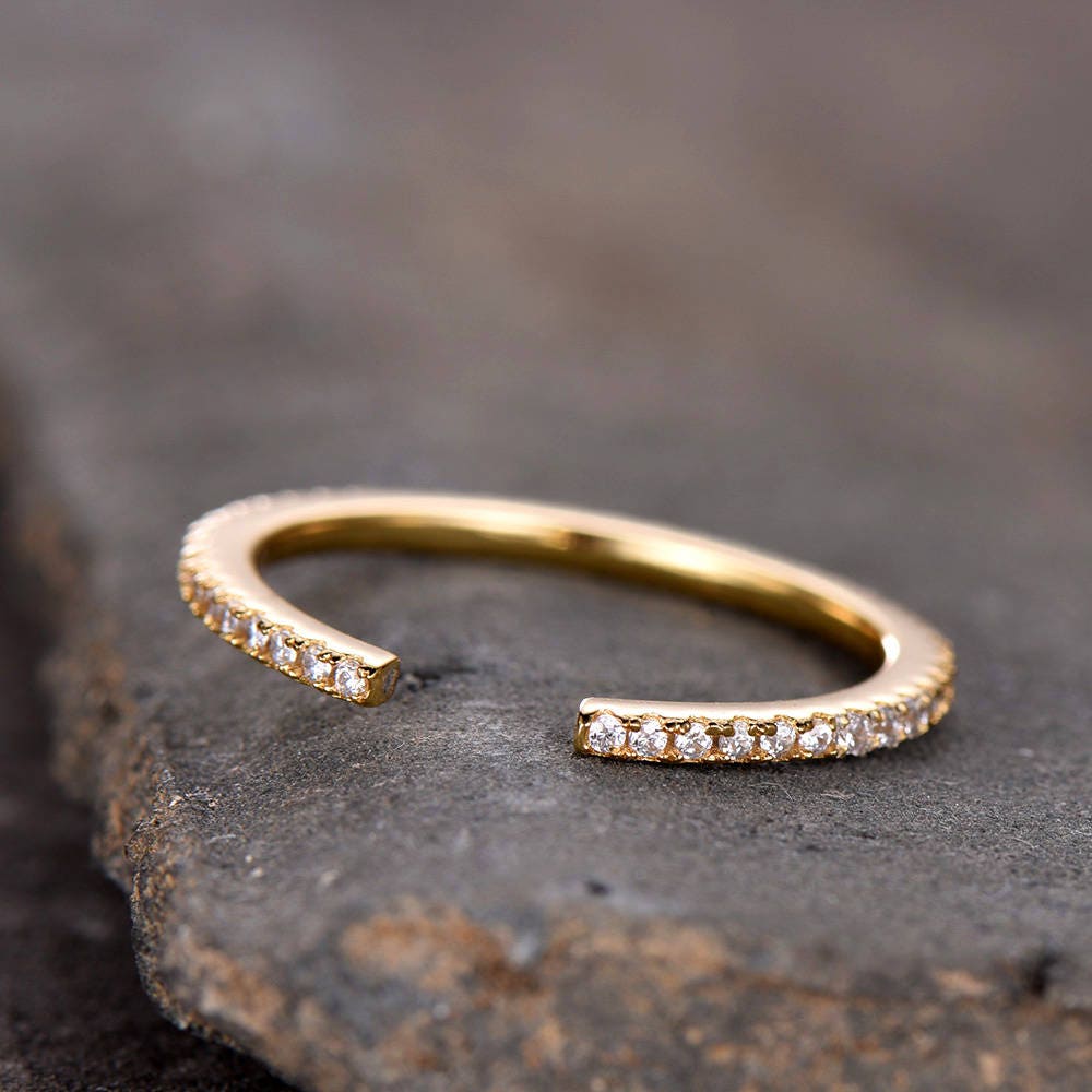 Unique Wedding Ring Open Ring Eternity Band Stacking Ring CZ Wedding Band Sterling Silver Matching Band Yellow Gold Plated