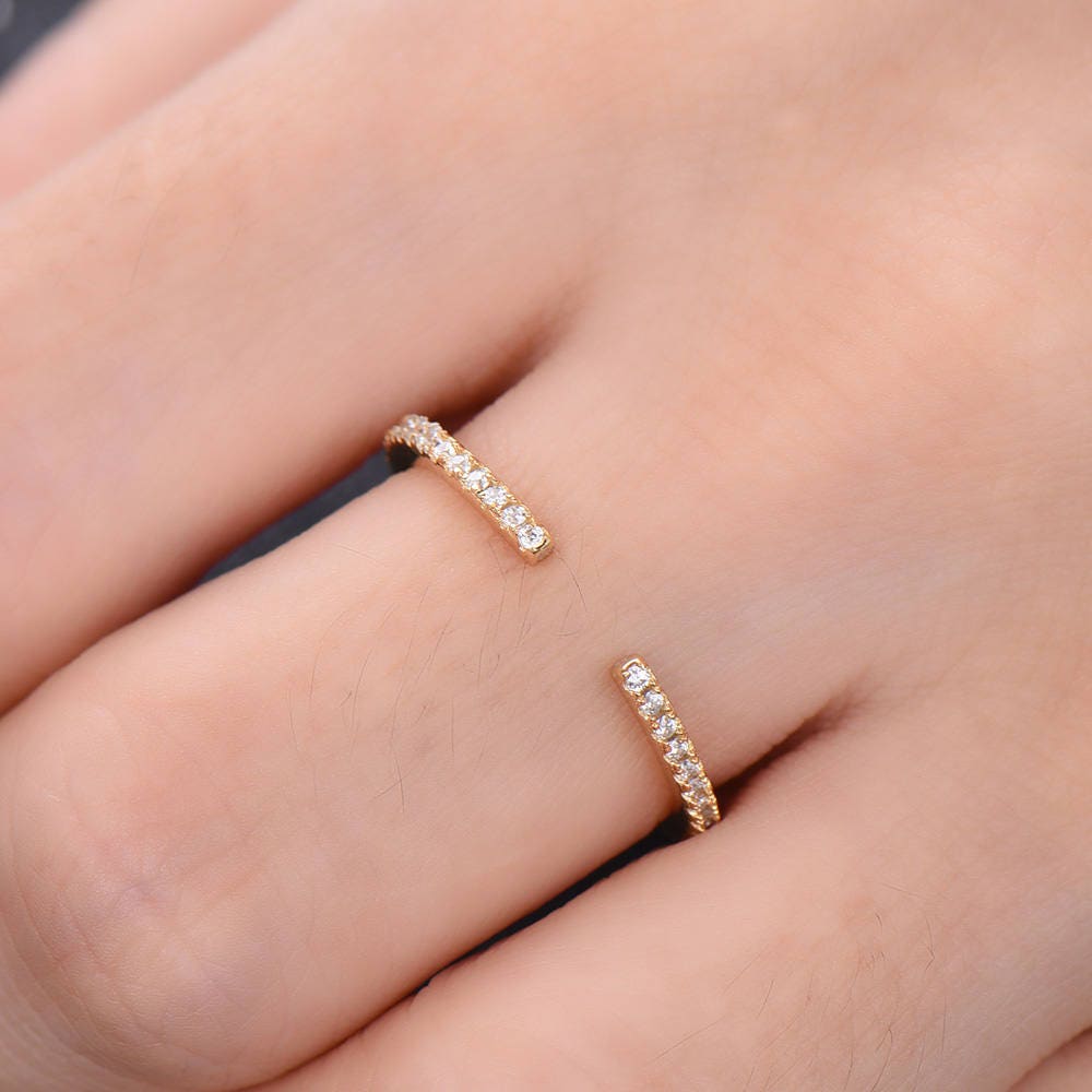 Unique Wedding Ring Open Ring Eternity Band Stacking Ring CZ Wedding Band Sterling Silver Matching Band Yellow Gold Plated