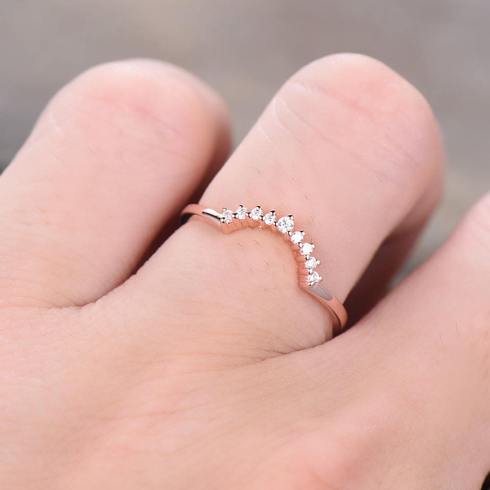 Crown Wedding Band Curve Wedding Band CZ Wedding Ring Stacking Ring Chevron Ring Rose Gold Plated Sterling Silver Anniversary Ring