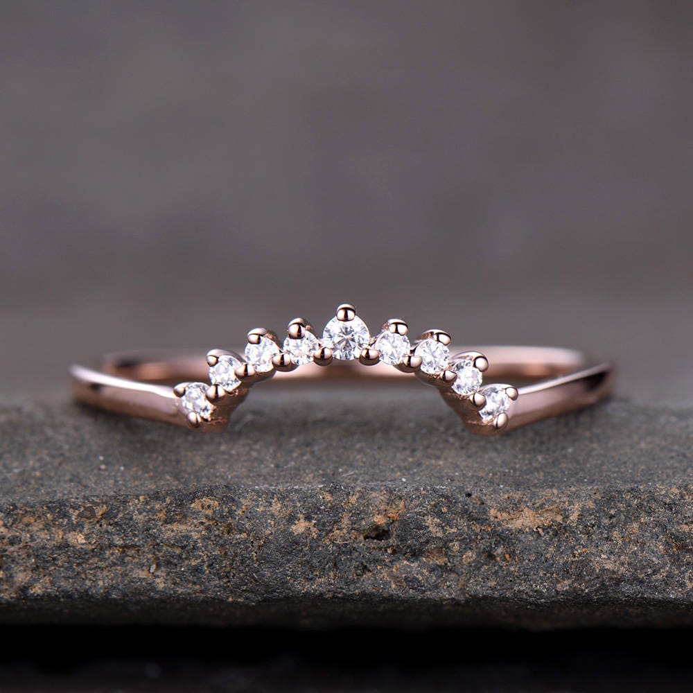 Crown Wedding Band Curve Wedding Band CZ Wedding Ring Stacking Ring Chevron Ring Rose Gold Plated Sterling Silver Anniversary Ring