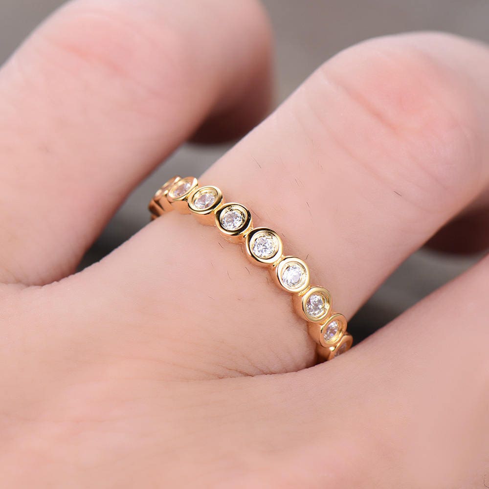 CZ Diamond Eternity Band Bezel Set Ring Bubble Stacking Ring Wedding Band Sterling Silver Matching Band Yellow Gold Plated Anniversary Ring