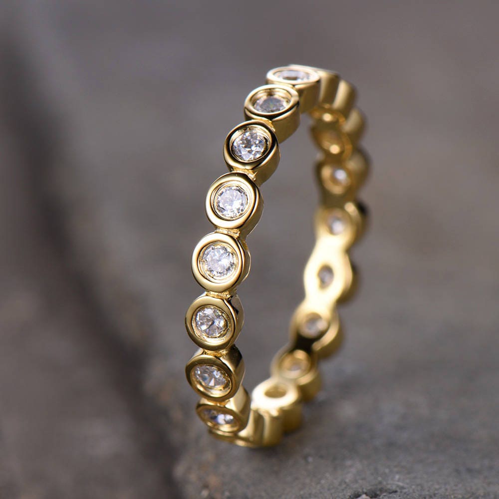 CZ Diamond Eternity Band Bezel Set Ring Bubble Stacking Ring Wedding Band Sterling Silver Matching Band Yellow Gold Plated Anniversary Ring