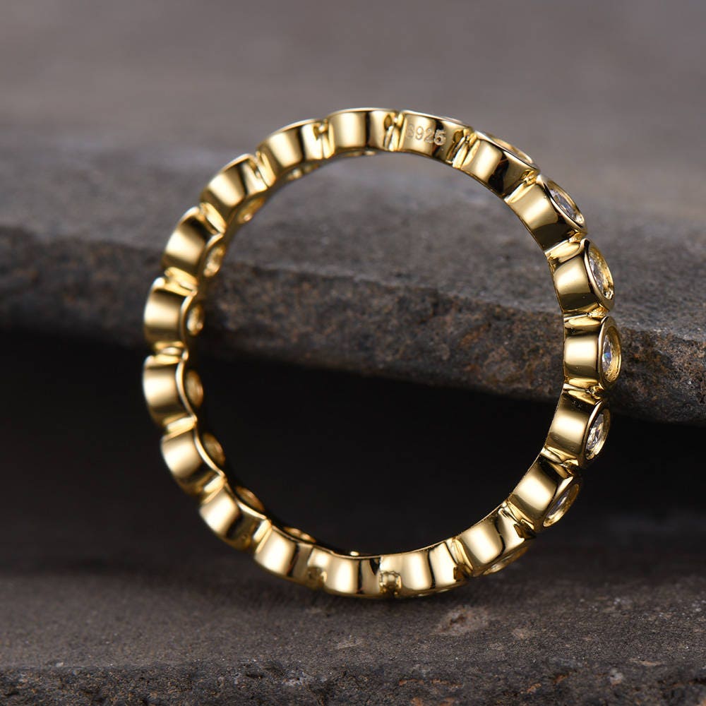 CZ Diamond Eternity Band Bezel Set Ring Bubble Stacking Ring Wedding Band Sterling Silver Matching Band Yellow Gold Plated Anniversary Ring