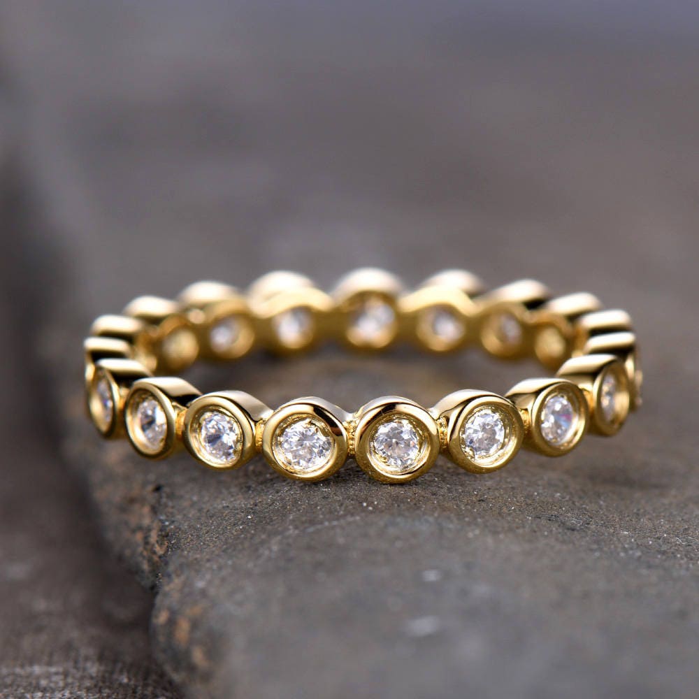 CZ Diamond Eternity Band Bezel Set Ring Bubble Stacking Ring Wedding Band Sterling Silver Matching Band Yellow Gold Plated Anniversary Ring