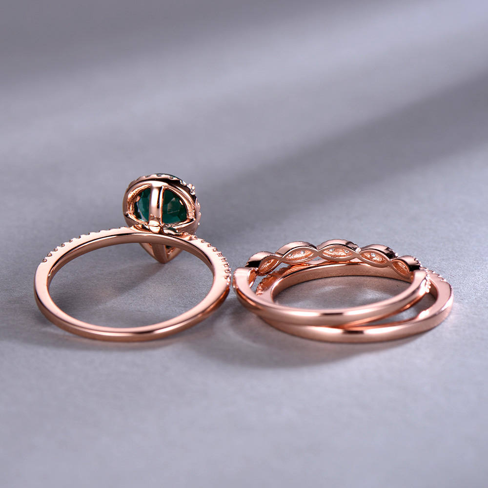 Emerald Wedding Ring Set 6x8mm Pear Cut Emerald Engagement Ring Half Eternity Art Deco Wedding Band Silver Bridal Set Rose Gold Plated