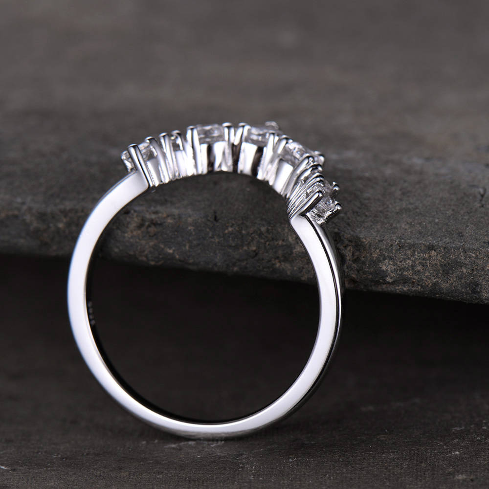 Crown Wedding Band Curve Wedding Band with Man Made Diamonds Stackable Anniversary Ring CZ Chevron Ring Sterling Silver White Gold Plated