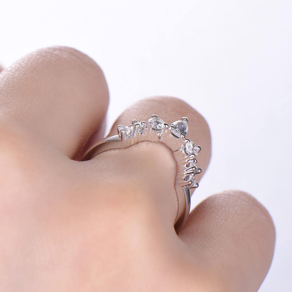 Crown Wedding Band Curve Wedding Band with Man Made Diamonds Stackable Anniversary Ring CZ Chevron Ring Sterling Silver White Gold Plated