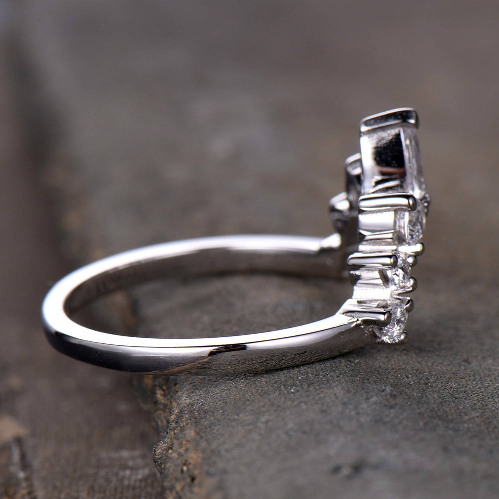 Crown Wedding Band Curve Wedding Band with Man Made Diamonds Stackable Anniversary Ring CZ Chevron Ring Sterling Silver White Gold Plated
