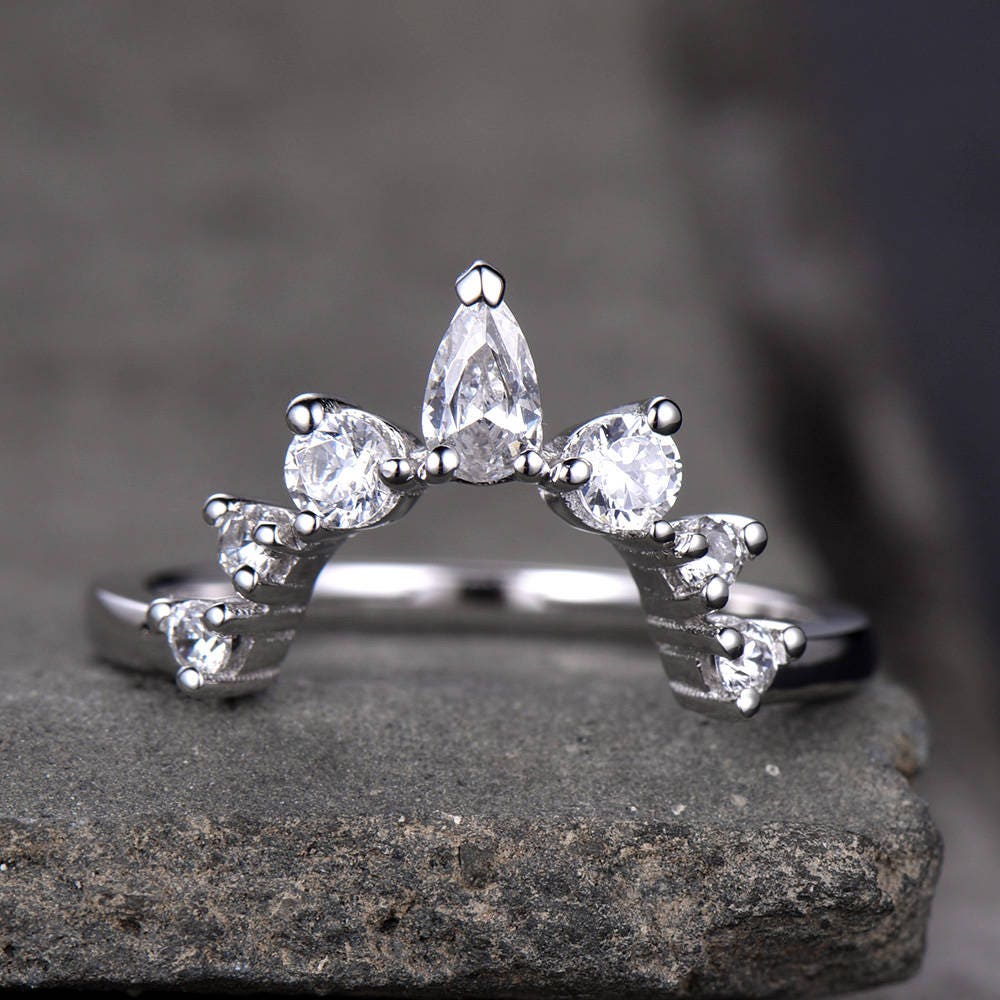 Crown Wedding Band Curve Wedding Band with Man Made Diamonds Stackable Anniversary Ring CZ Chevron Ring Sterling Silver White Gold Plated