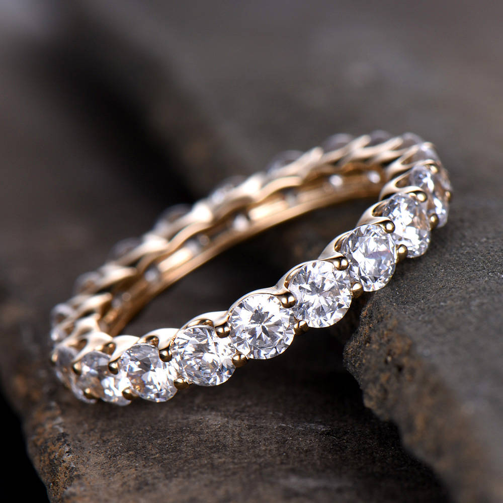 CZ Diamond Wedding Band Full Eternity Matching Band Stackable Anniversary Ring 3mm Round Cut Gemstone Sterling Silver Yellow Gold Plated