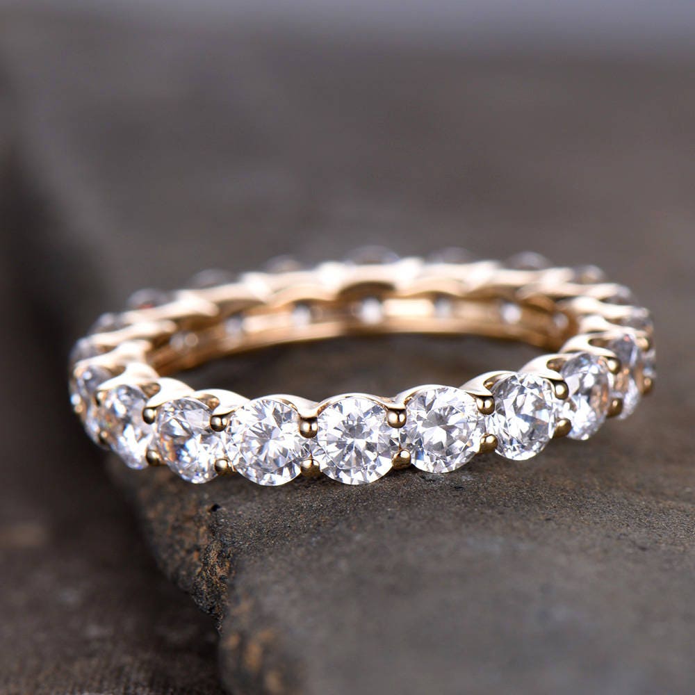 CZ Diamond Wedding Band Full Eternity Matching Band Stackable Anniversary Ring 3mm Round Cut Gemstone Sterling Silver Yellow Gold Plated