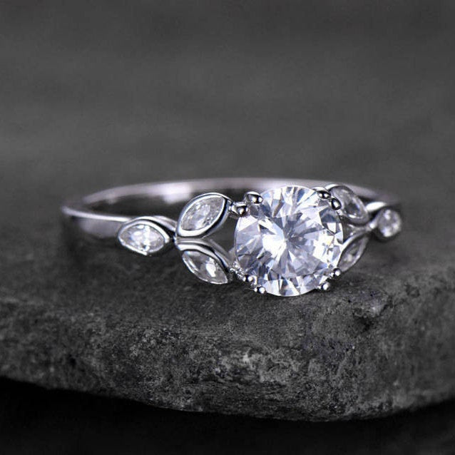 Sterling silver ring/Round cut Cubic Zirconia engagement ring/CZ wedding ring/Three flower marquise/promise ring/Xmas gift/white gold plated
