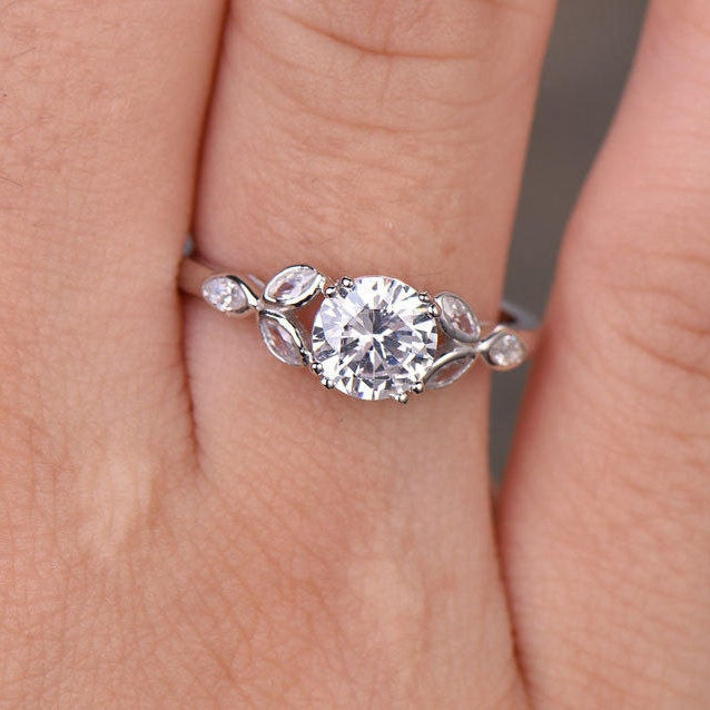 Sterling silver ring/Round cut Cubic Zirconia engagement ring/CZ wedding ring/Three flower marquise/promise ring/Xmas gift/white gold plated