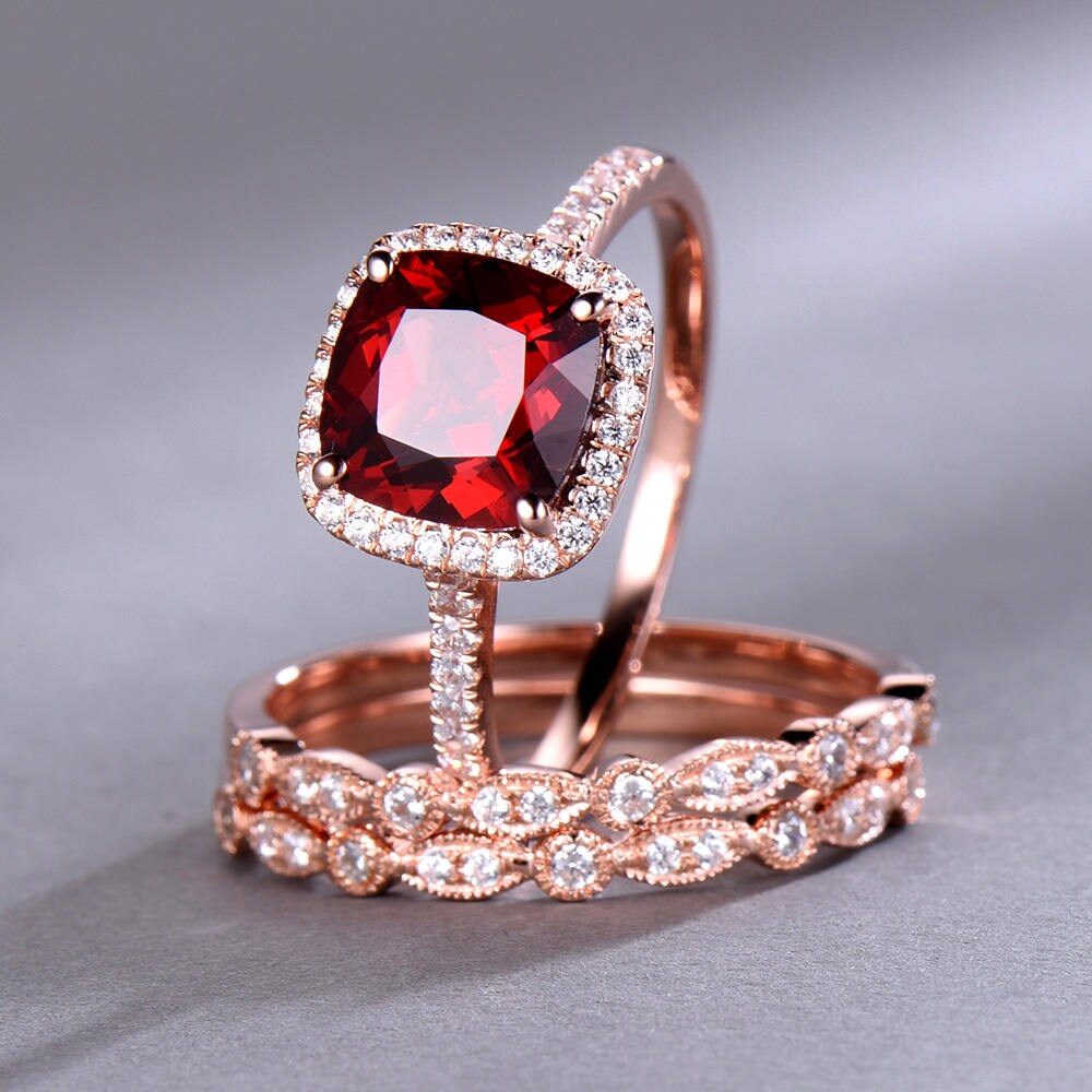 Garnet Ring Set 8mm Cushion Cut Garnet Engagement Ring Rose Gold Plated Art Deco Wedding Band Matching Band Sterling Silver Wedding Ring Set