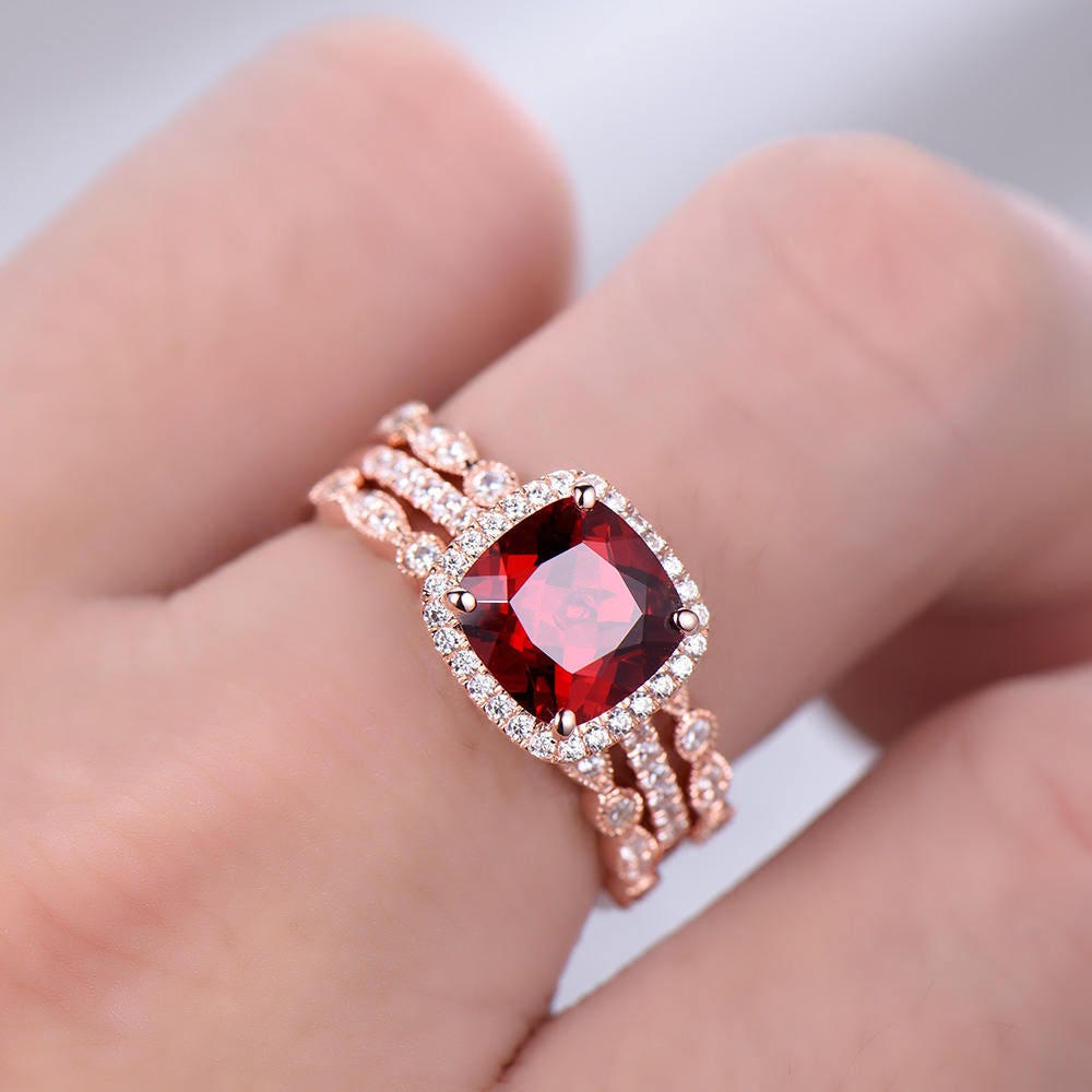 Garnet Ring Set 8mm Cushion Cut Garnet Engagement Ring Rose Gold Plated Art Deco Wedding Band Matching Band Sterling Silver Wedding Ring Set