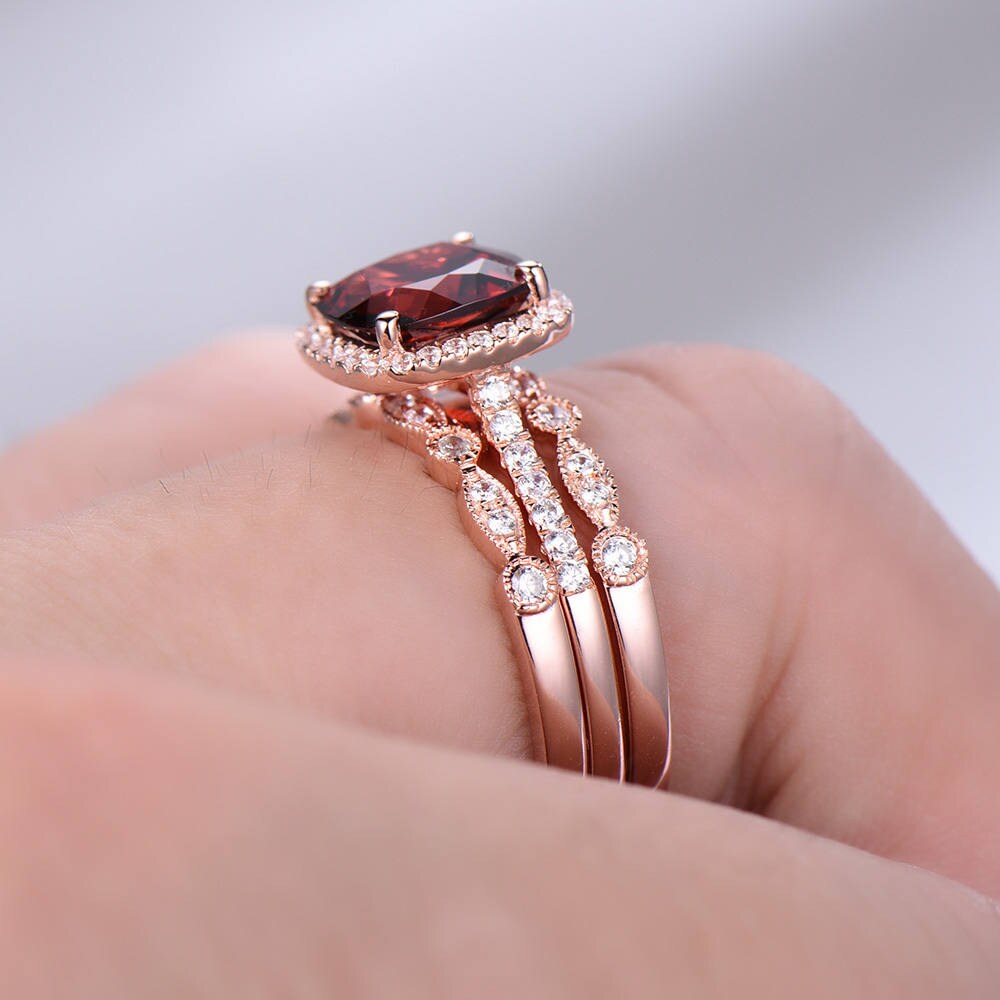 Garnet Ring Set 8mm Cushion Cut Garnet Engagement Ring Rose Gold Plated Art Deco Wedding Band Matching Band Sterling Silver Wedding Ring Set