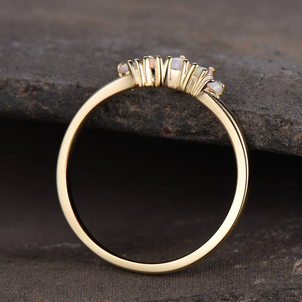 Opal Crown Wedding Band Curve Wedding Ring Stackable Matching Band Chevron Ring Yellow Gold Plated Sterling Silver Anniversary Ring