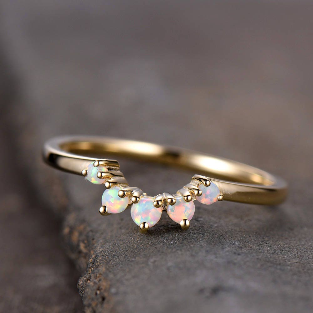 Opal Crown Wedding Band Curve Wedding Ring Stackable Matching Band Chevron Ring Yellow Gold Plated Sterling Silver Anniversary Ring